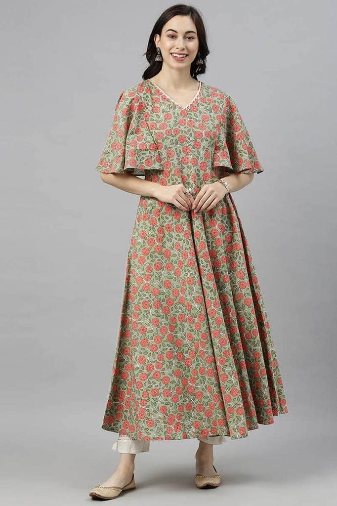 Green Cotton Flared Kurta VCK8239