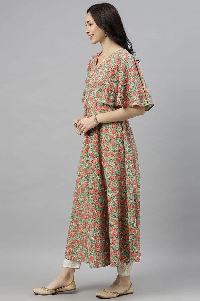 Green Cotton Flared Kurta VCK8239 view 2