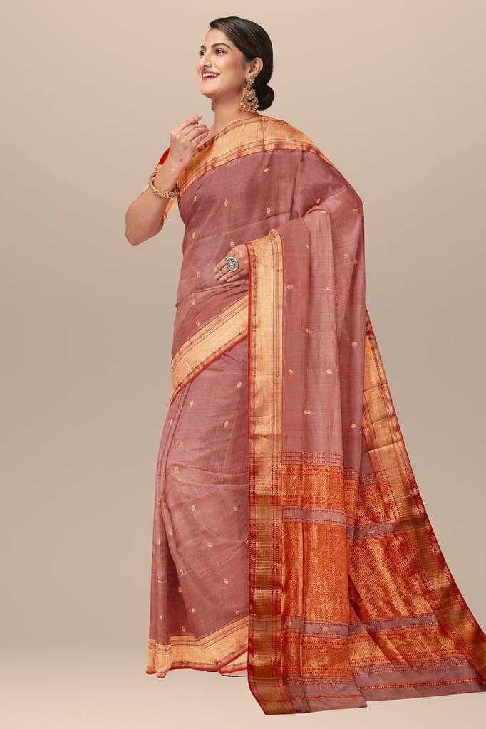 Copper Color Handwoven Mulberry Sausar Silk With Rui Buti And Zari Border Saree SKU-BS10134 view 2