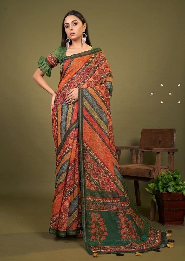 Digital Printed Cotton Saree in Multicolor