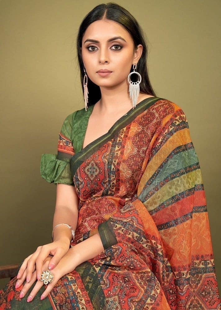 Digital Printed Cotton Saree in Multicolor view 2