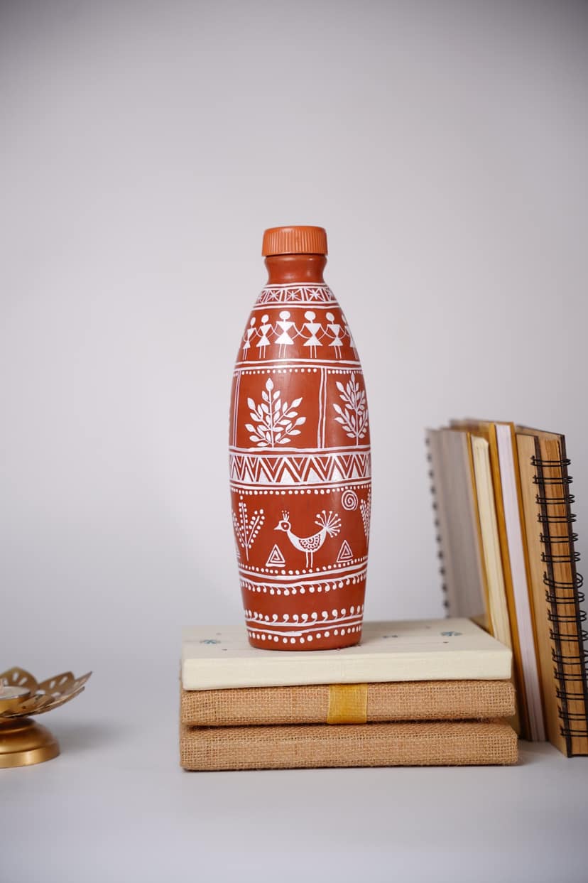Tisser Brown handmade clay water bottle with Warli art – Premium Handcrafted Eco-Friendly Product