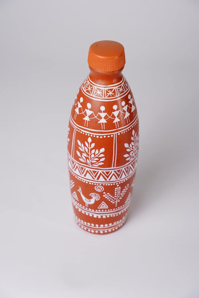 Tisser Brown handmade clay water bottle with Warli art – Premium Handcrafted Eco-Friendly Product view 2