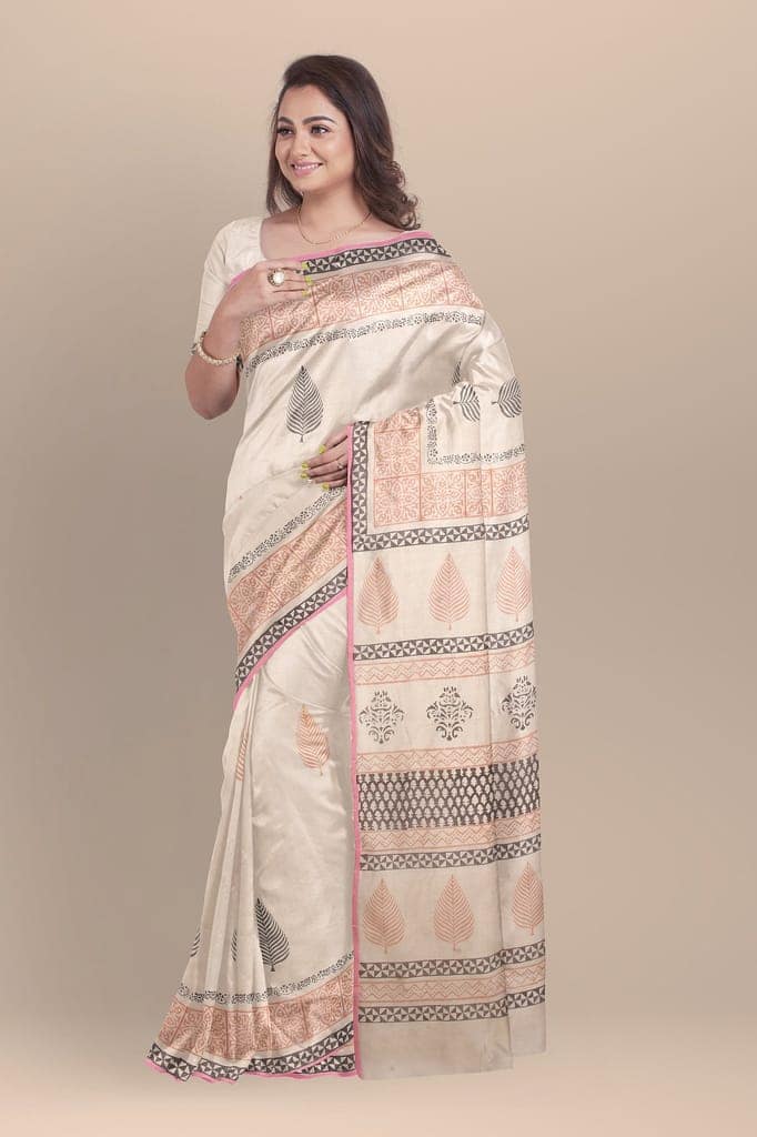 Beige Color Leaf Motif Handwoven Hand Block Print Sausar Silk Saree SKU-AS10027 view 2