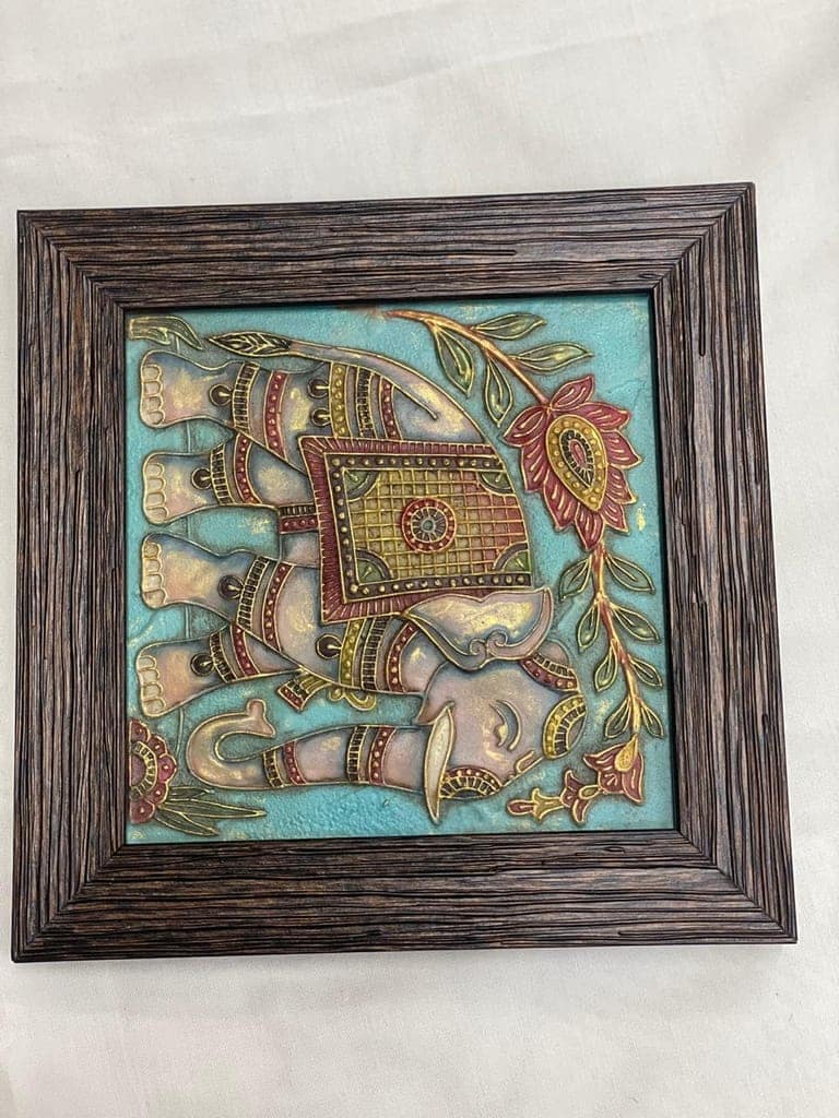 Framed Elephant Wall Art, Decorative Relief Panel, Turquoise Background, Ornate Indian Design, Wooden Frame (Blue) Size(20 * 20cm) view 2