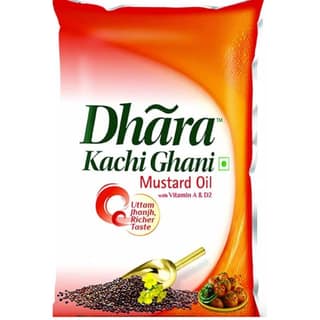 Dhara Kachi Ghani Mustard Oil with Vitamin A & D2 - 1 L - One pouch of mustard oil