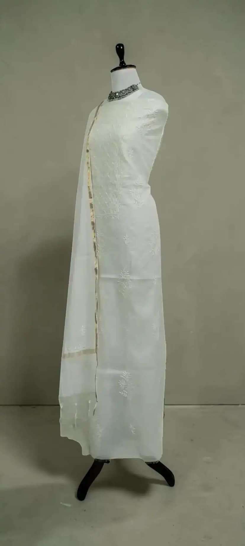 Mul Cotton Chikankari Dress Material with Dupatta in White and Ivory view 2