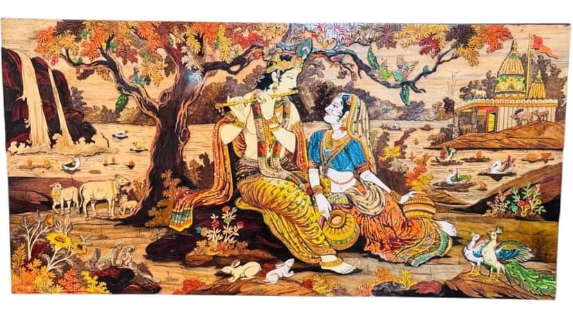 Wooden Lord Krishna Radha Wall Hanging view 2