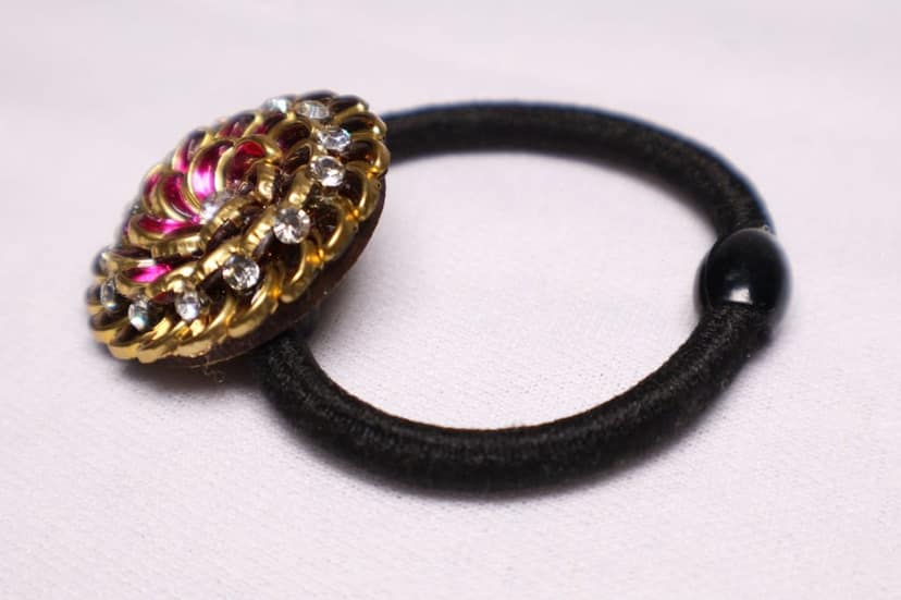Golden Floral Hair Tie with Red & White Stones – Stylish Elastic Band view 2