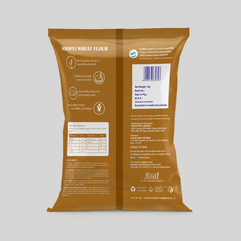 Deccan Organic KHAPLI (EMMER) WHEAT ATTA Flour 1 kg Pouch view 2