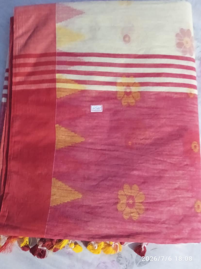 Floral Patterned Cotton Saree (Cream and Red) | Traditional Ethnic Wear | Festive Occasion
