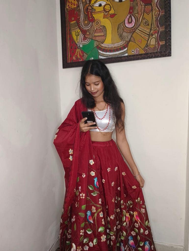 Red Hand painted Floral Lehenga With Dupatta Set For Women view 2
