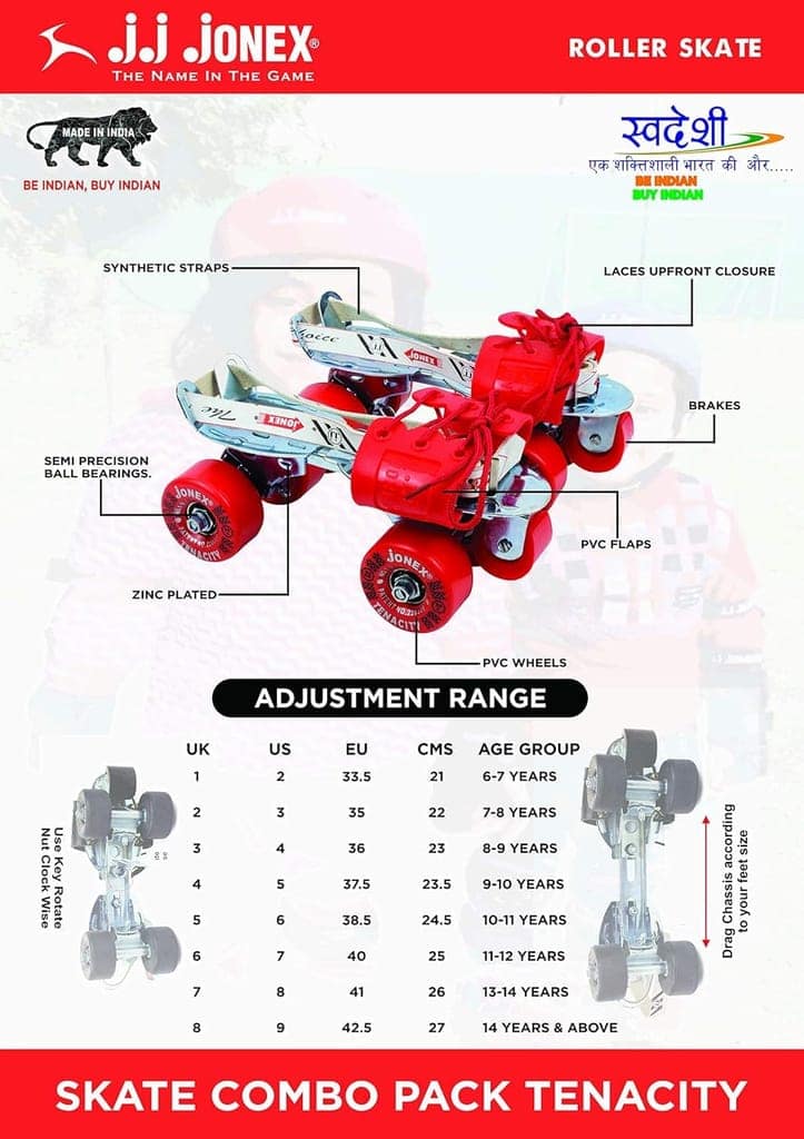 JJ JONEX Unisex Tenacity Adjustable Rollerderby Wheel Skates Combo (Skates+Helmet+Knee Pad+Elbow Pad+Gloves+Key+Bag) Suitable for Age 6-11 (Medium), Red view 2