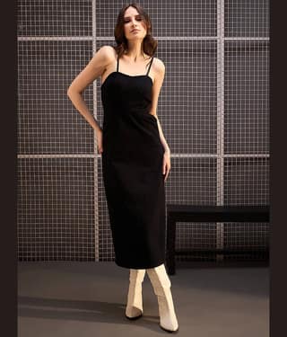StyleStone Women Denim Solid Side Slit Dress ( Black )