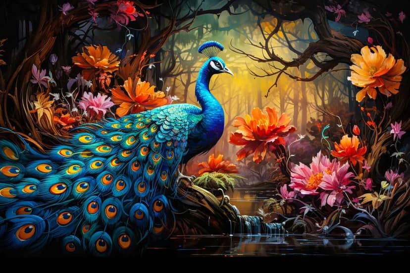 MAJESTIC PEACOCK IN FOREST PAINTING 24in X 16in WITH BLACK FRAME view 2