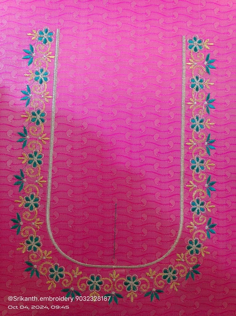Red and gold embroidered blouse neck design with mirror work view 2