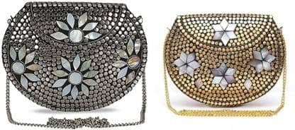 Shakuntala Vintage Sling Bag Bridal Women's Antique Handmade Brass Purse Metal Parties Clutch Bag Golden and Silver( Pack Of 2)