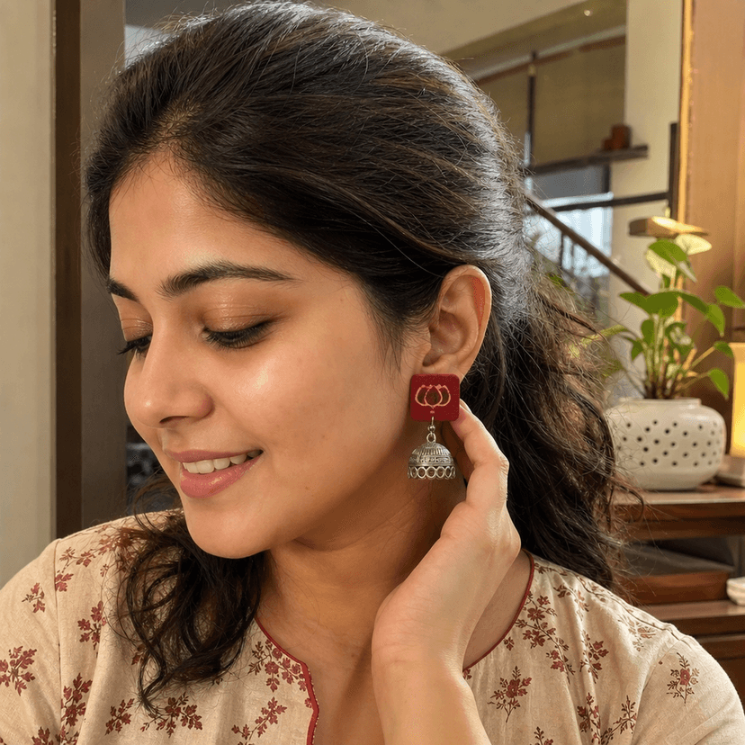 Fabric Lotus Motif Jhumka Earrings - Lightweight Traditional Ethnic Jewelry for Women & Girls view 2