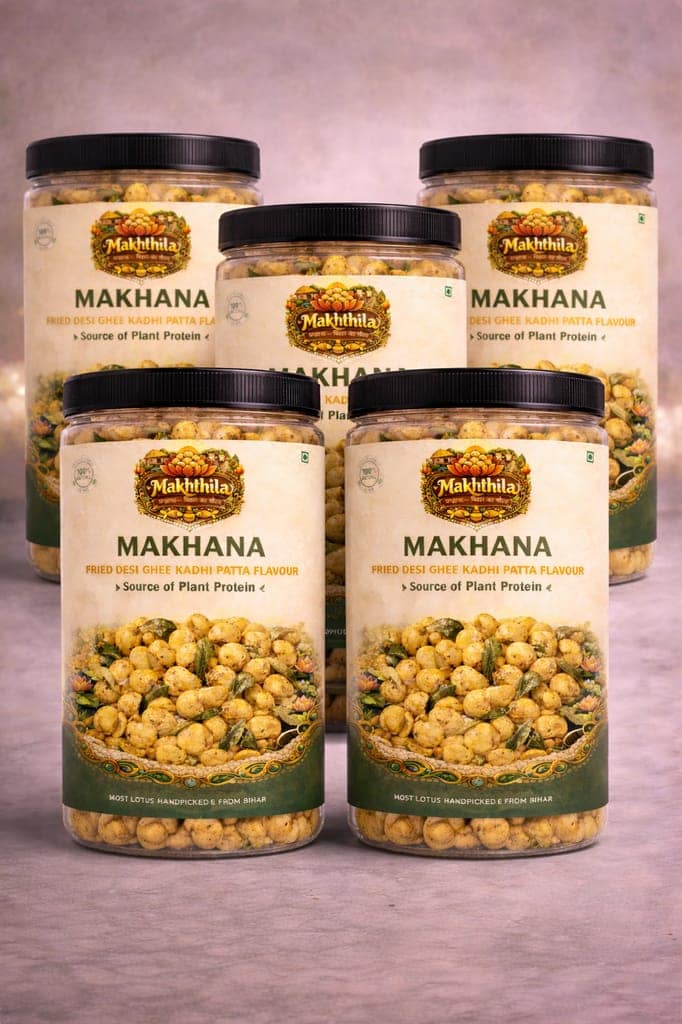MAKHTHILA - Premimum Roasted Masala Fried Desi Ghee Kadhi Patta Flavour Protein Makhana – Crunchy, Flavorful & Protein-Rich Snack | Lotus Seed with Kadhi Patta Fry