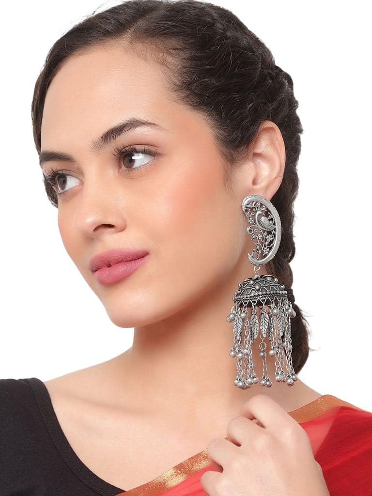 Cardinal Oxidized Silver Color Antique Light Weight Jhumki Earrings view 2