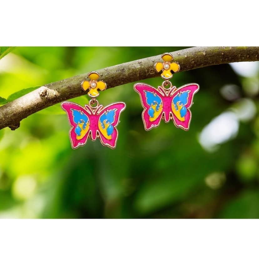 Jewelryklub Dark Pink Butterfly Earrings with Flower Studs view 2