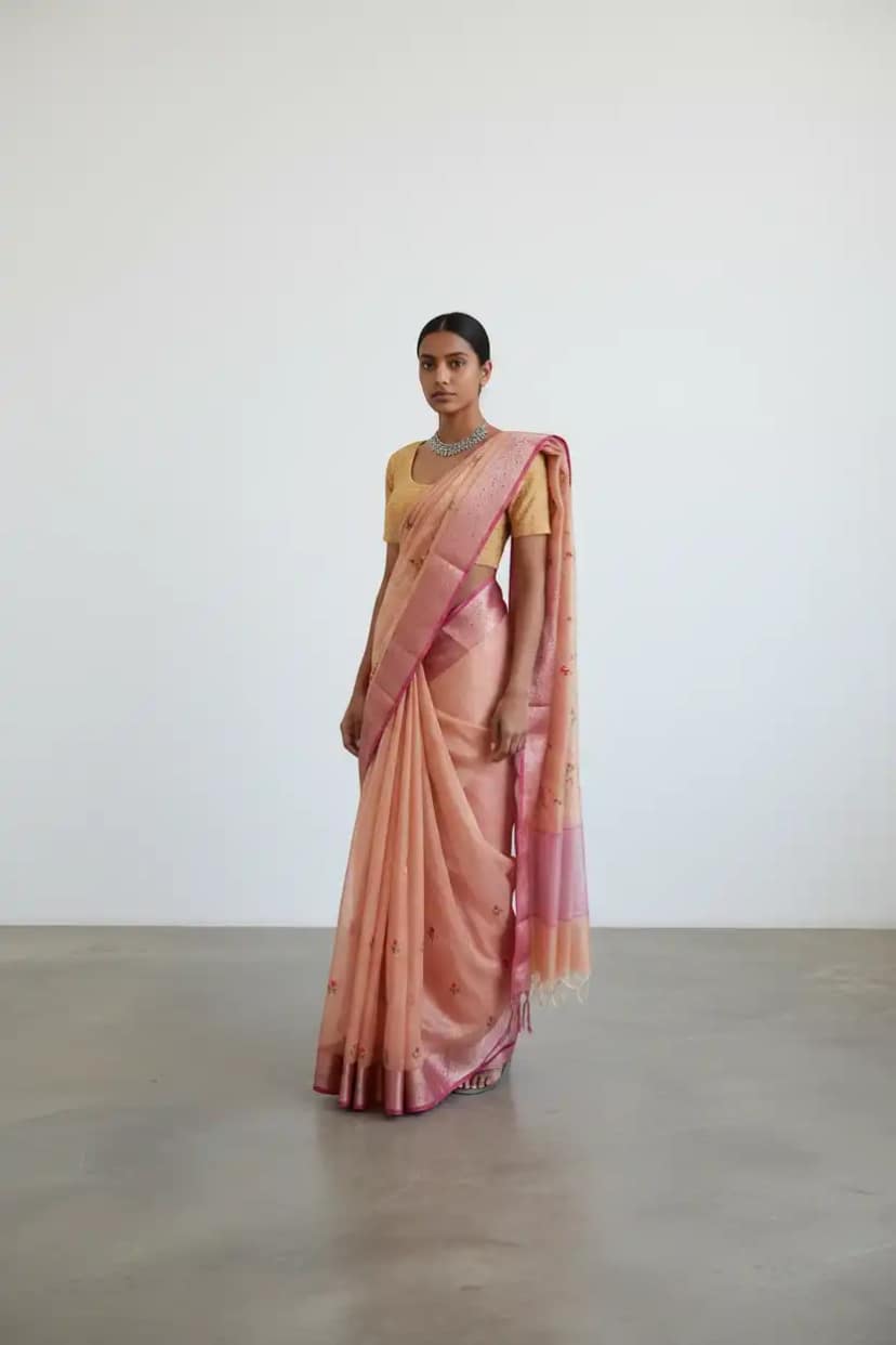 Dusty Peach Kota Doria Cotton-Silk Saree with Zari Border and Blouse