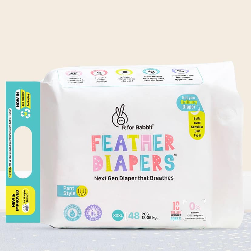 R for Rabbit Pant Style Feather Diaper XXXL Size for Baby 18+ kgs 48 Units (24 Count, Combo Pack of 2) R for Rabbit Pant Style Feather Diaper XXXL Size for Baby 18+ kgs 48 Units (24 Count, Combo Pack of 2) - White / XXXL Size - 48 Pack