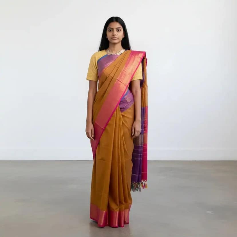 Handwoven Kanchipuram Cotton Saree in Mustard with Contrast Zari Borders
