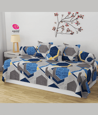 Apala Cotton Geometric Diwan Set 6 Pcs - Blue
