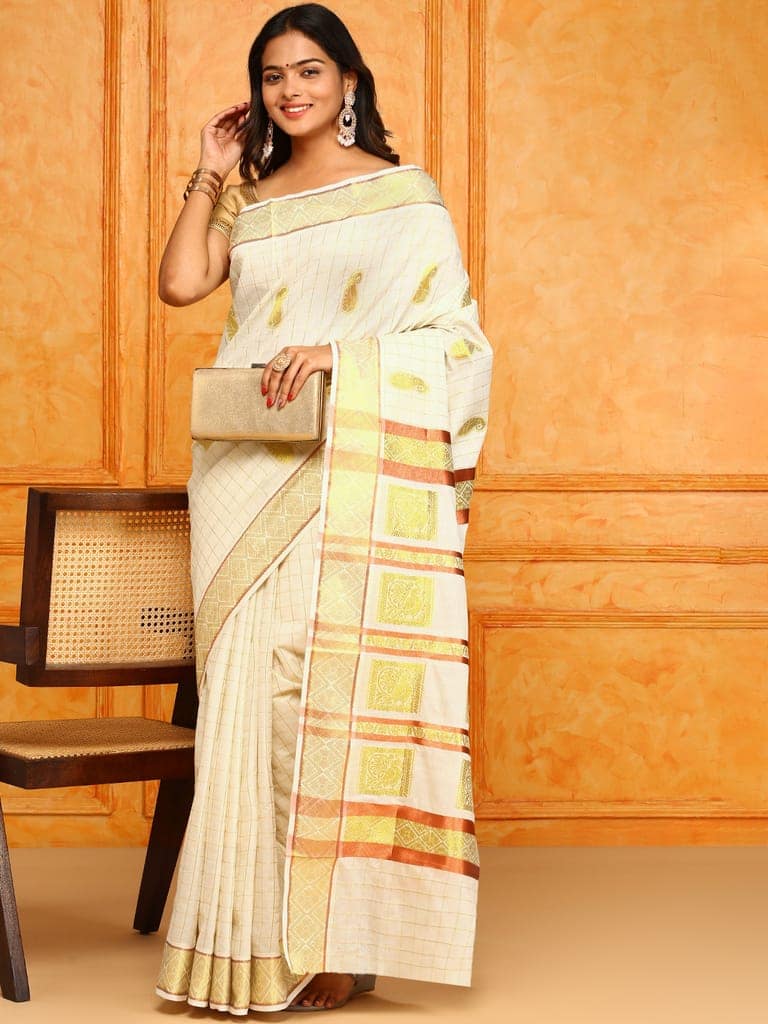 Kerala Cream Gold Jari Weaving Saree view 2