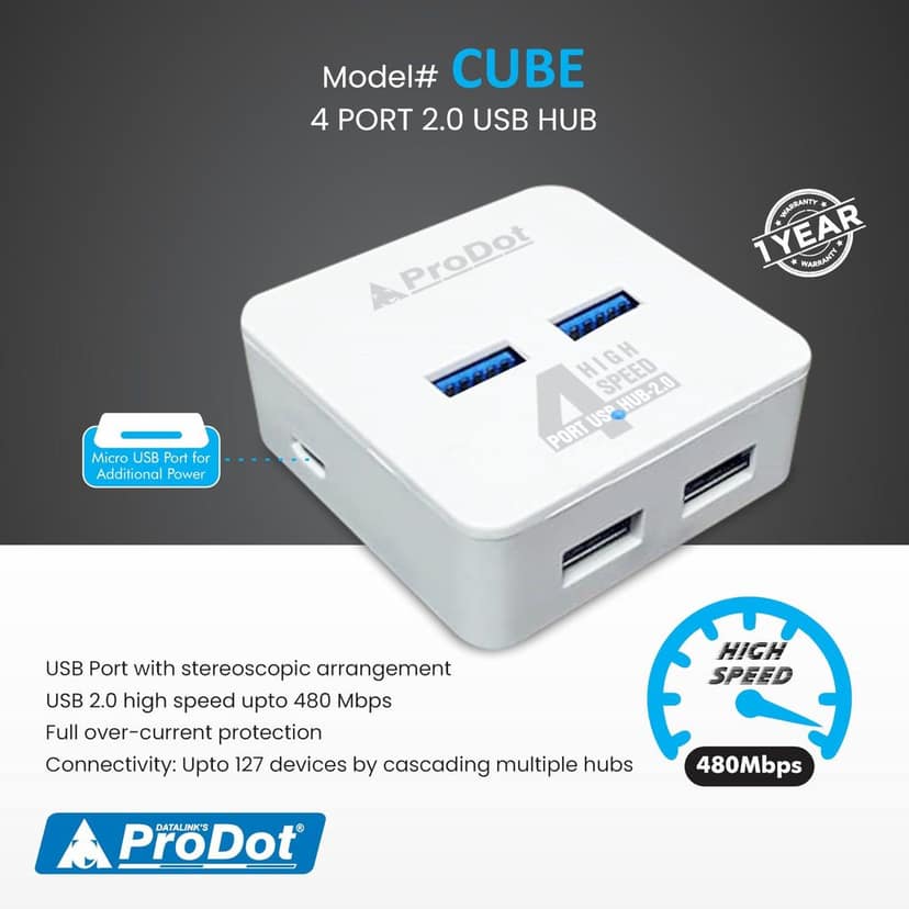ProDot 4 Port USB 2.0 Hub with Hi-Speed Data Transfer, LED Indication & Micro USB Port for Additional Power view 2