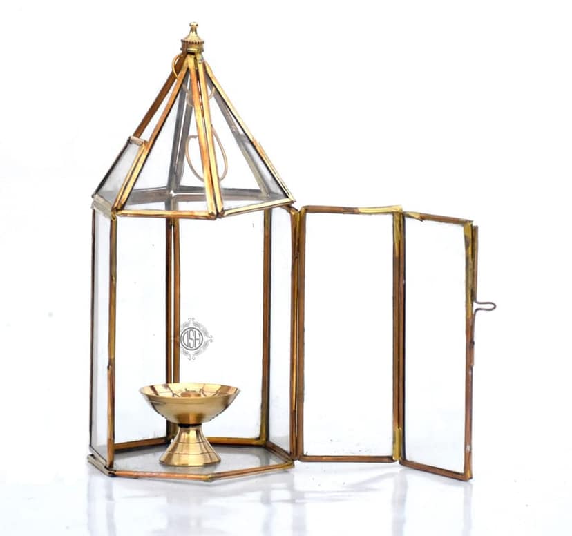 Hanging Lanter Metal Frame and Glass with Brass Diya Akhand Deepak Oil Lamp,Tea Light Holder Lantern for Table-TopWall-Hanging,Indoor and Outdoor Decoration.(Lantern deep -Big) view 2