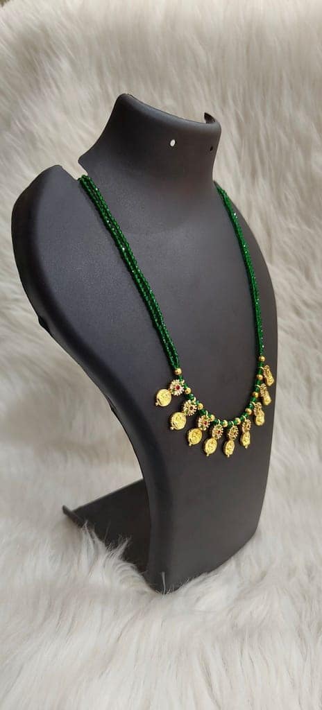 Gold Plated Traditional Indian Necklace Set with Green Beads view 2