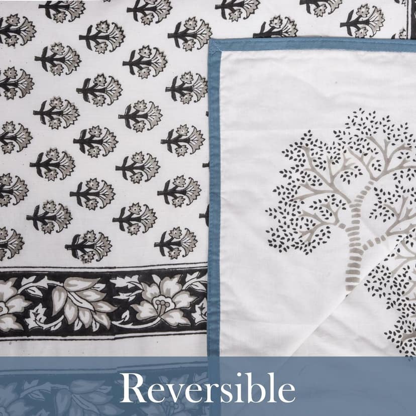 Block Printed Cotton Blanket - Double Dohar ( 90 x 108 Inches) - Grey Tree view 2