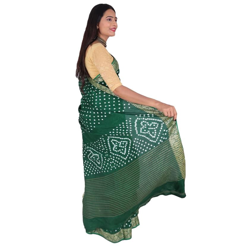 Tribes India Handwoven Dark Green Bandhej Saree view 2