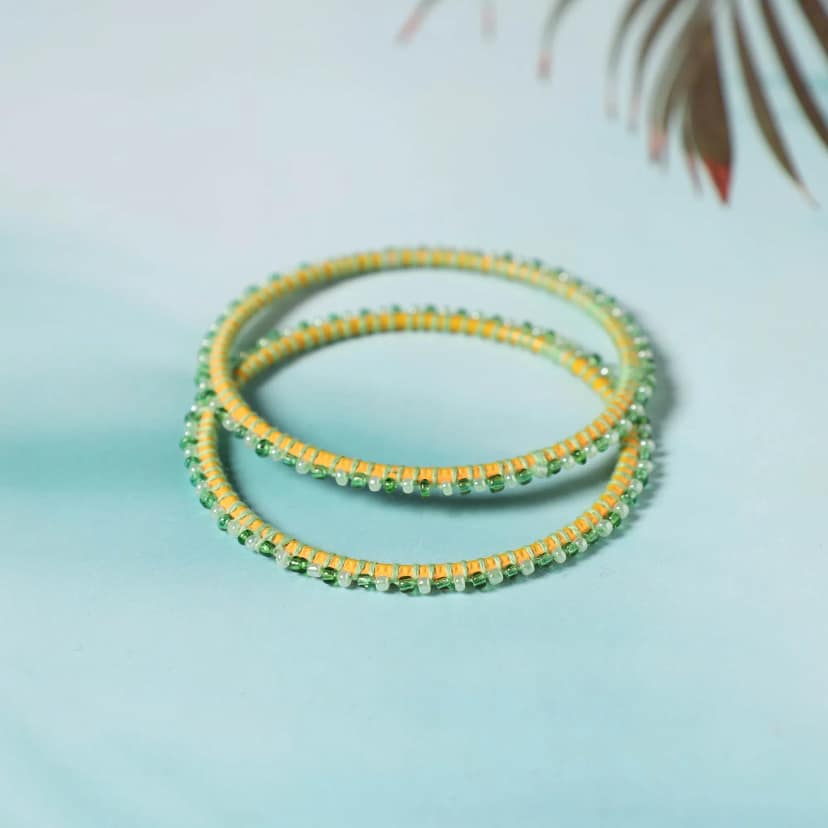 Green - Hand Embroidered Beadwork Bangle (Set of 2) view 2