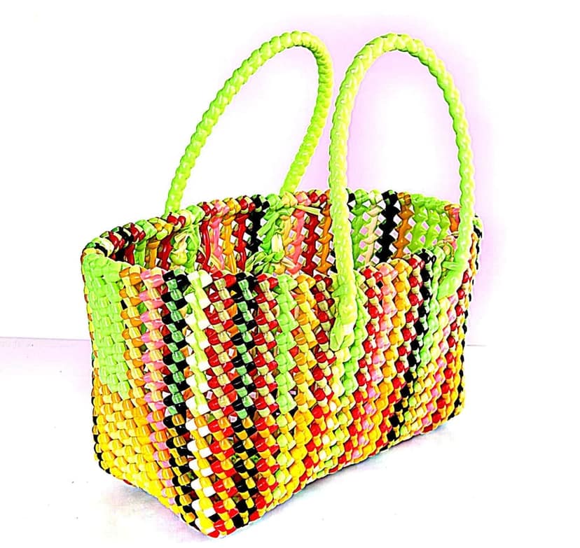 Handwoven Beaded vegitable Market Tote Bag with Green Handles view 2