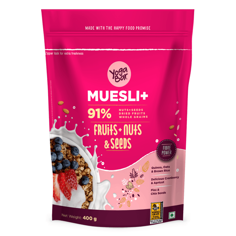 Yogabar Fruit and Nut Muesli Yogabar Muesli Fruit And Nuts 93% Wholegrain Breakfast Cereals With Oats, Dry Fruits, And Nuts & Seeds, High In Omega 3, Gluten Free Granola With Chia And Flax Seeds (700g Pack of 2)