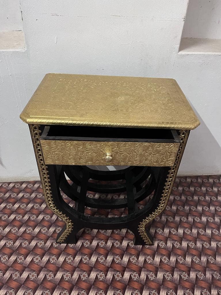 Kusum Art Wooden Side Table Bed Side table Decorative table for your beautiful Home With Brown Polish and Brass fitted view 2