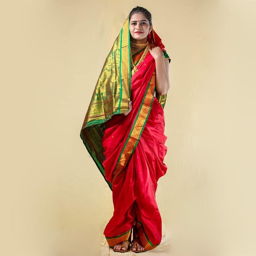 Unstitched Red Nauwari Saree view 2