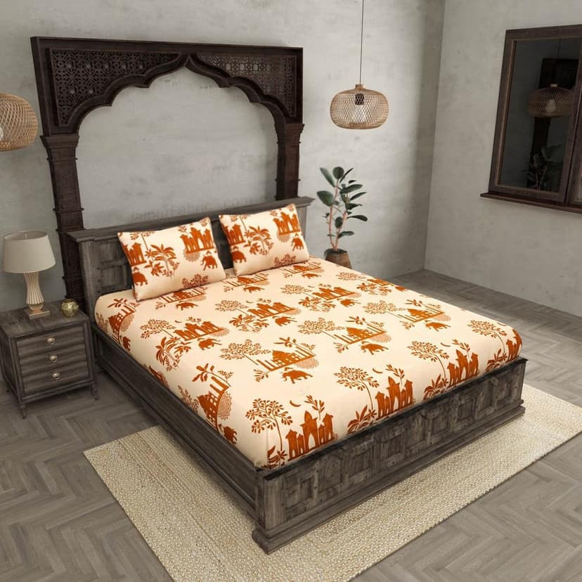 Quirky Home Fantasy Collection Premium Cotton Blend 180 TC Fitted King Wrinklefree Bedsheet with 2 Pillow Covers, Jaipuri Elephant view 2