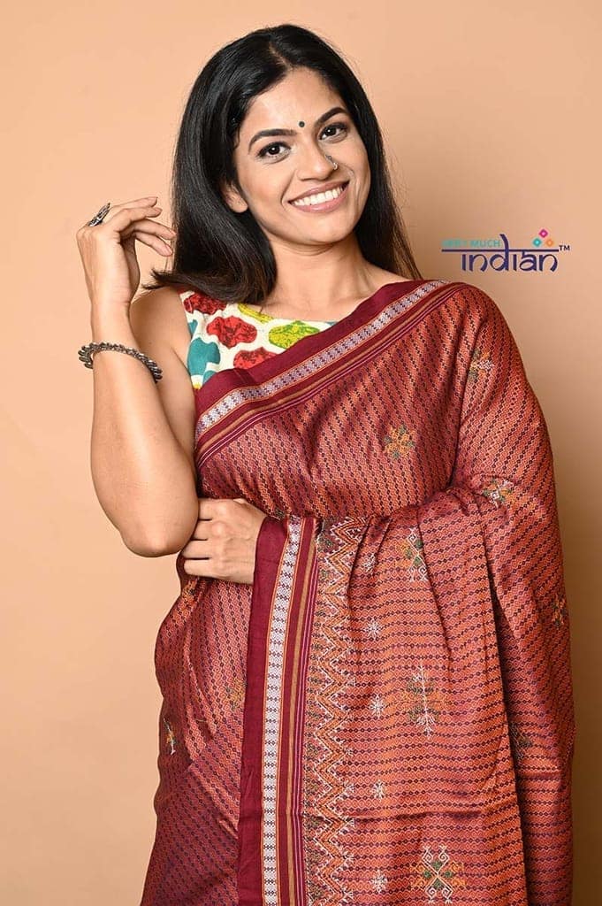 Traditional Khun Saree – Cotton Resham Authentic Handwoven, Rust Orange Weave with Kashida work – Red Border view 2
