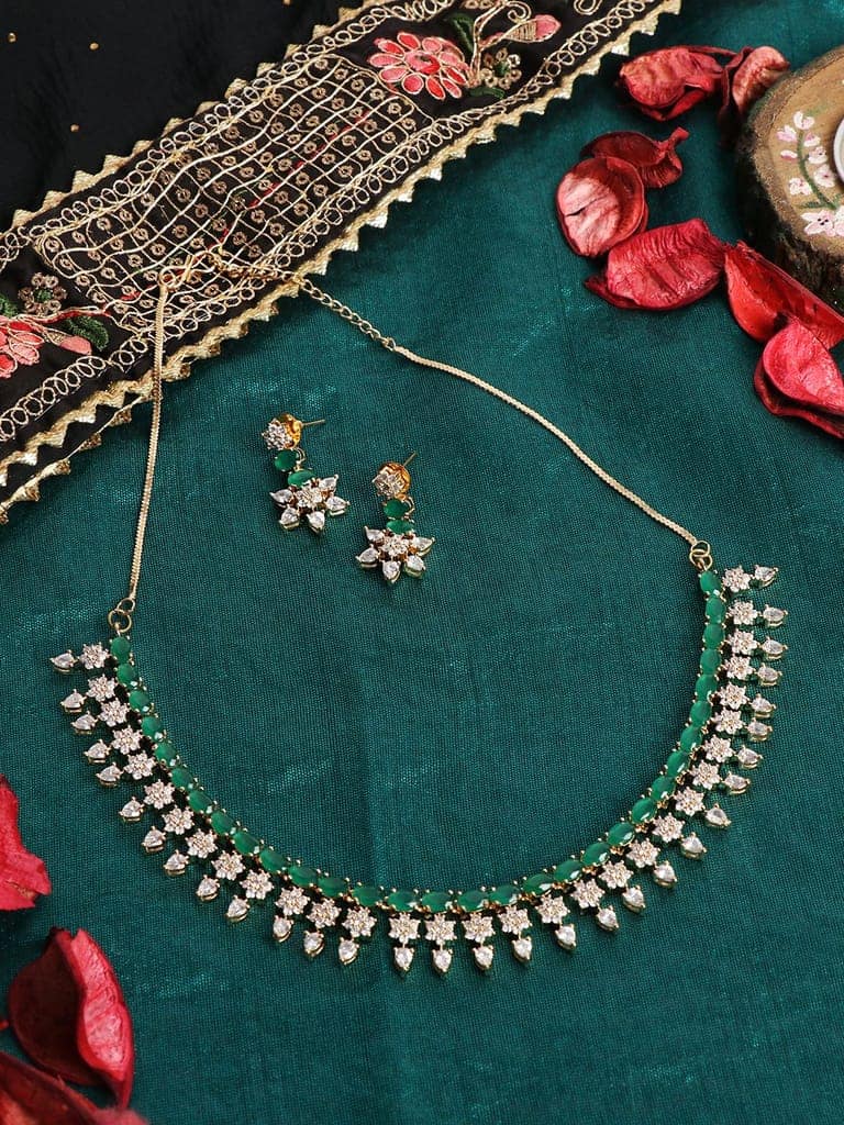 Cardinal American Diamond Gold Plated Brass Green Color Stone Necklace Set