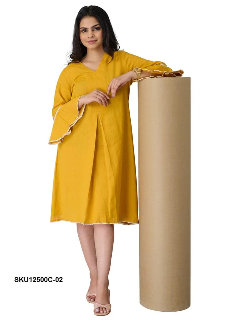 Teal Cotton V-Neck Pleated Bell Sleeve Midi Dress