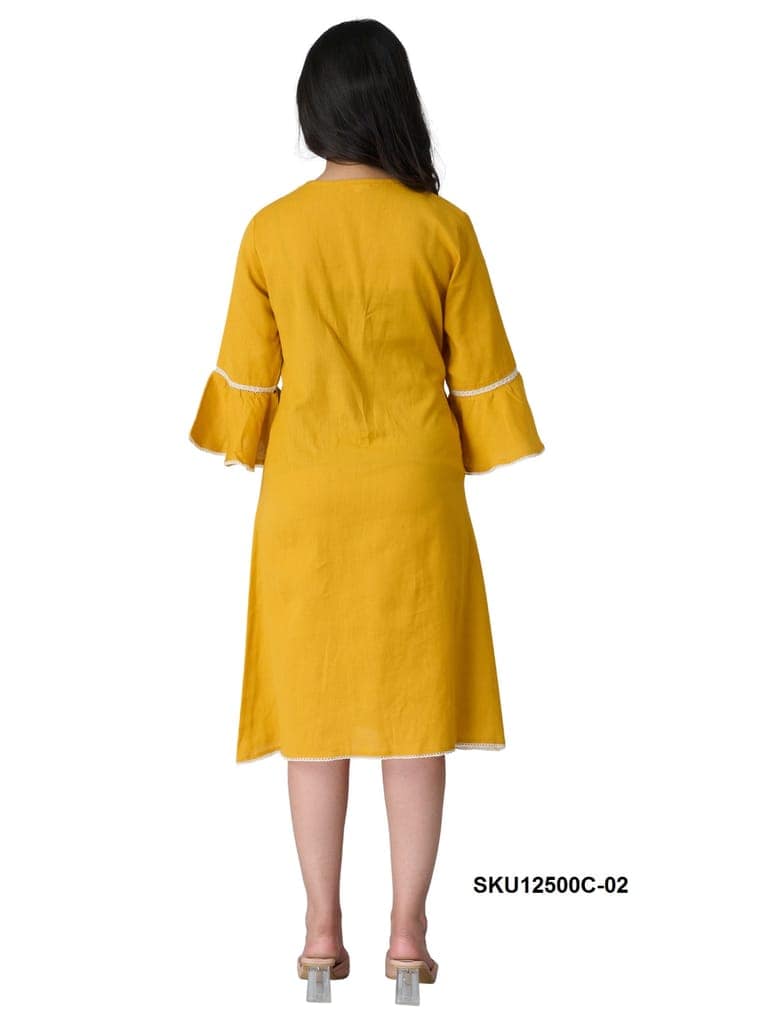 Teal Cotton V-Neck Pleated Bell Sleeve Midi Dress view 2