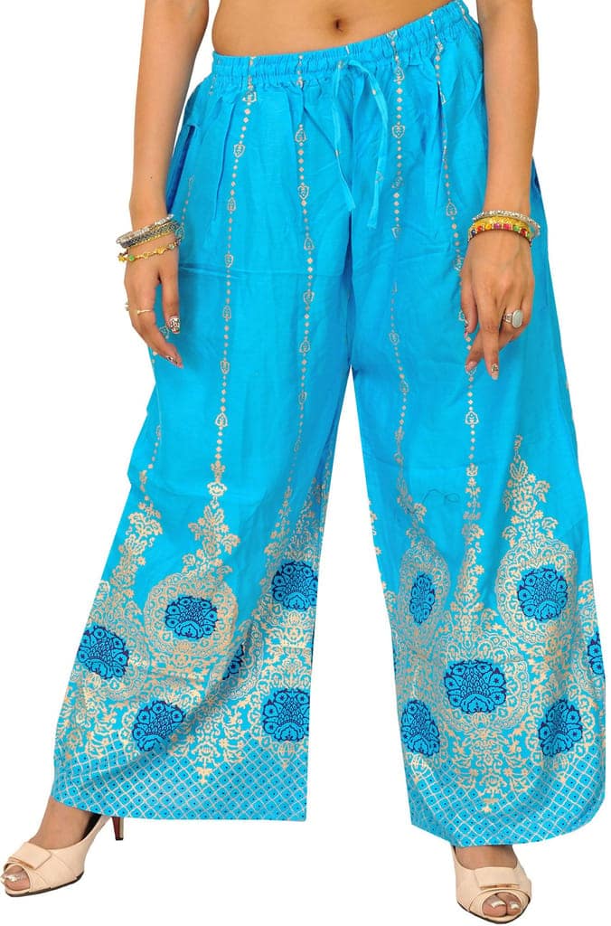 Button-Blue Casual Yoga Trousers with Golden Floral Print view 2