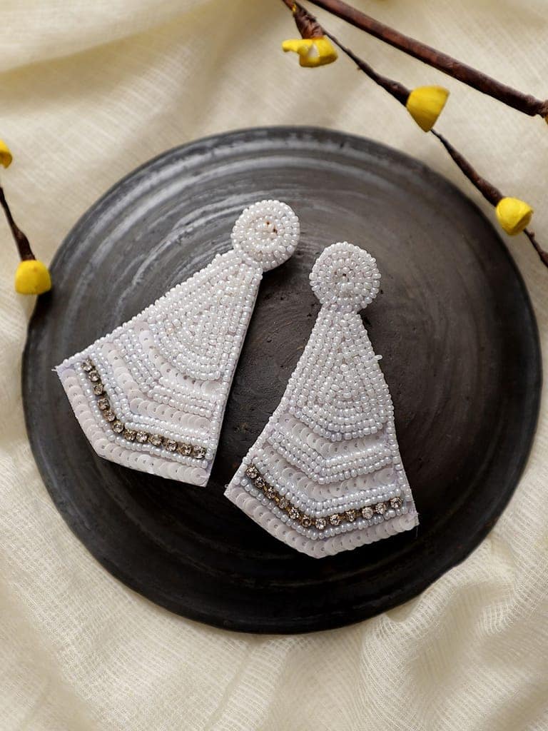 Cardinal White Beads Weaving Handmade Geometric Design Earrings