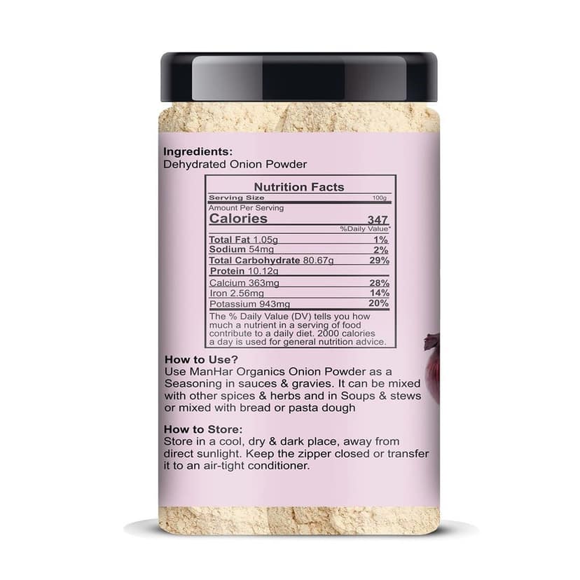 ManHar Organics Onion Powder | 100% Natural & Edible | Flavor Enhancer for Cooking, Seasoning & Marinades – Jar 350gm view 2