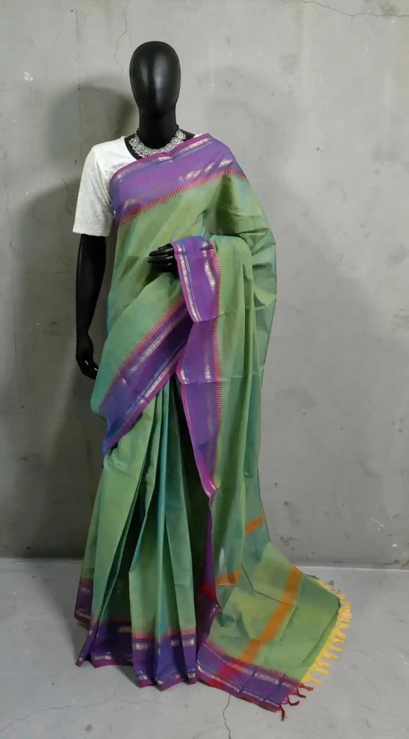Sea Green Kanchipuram Cotton-Silk Handloom Saree with Woven Border