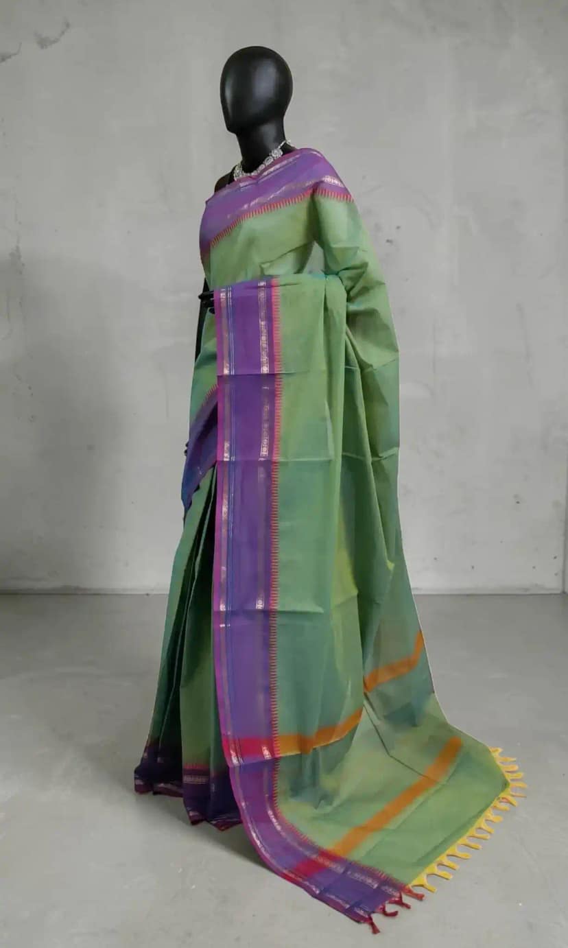 Sea Green Kanchipuram Cotton-Silk Handloom Saree with Woven Border view 2